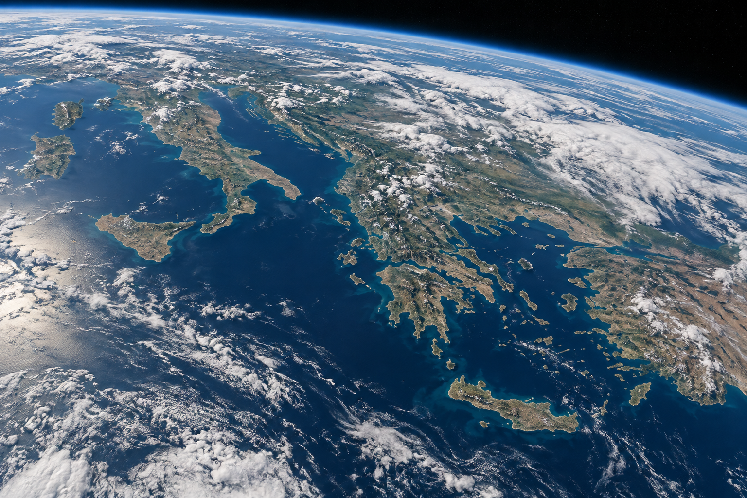 Generated mock view of Earth's Mediterranean coastline from orbit